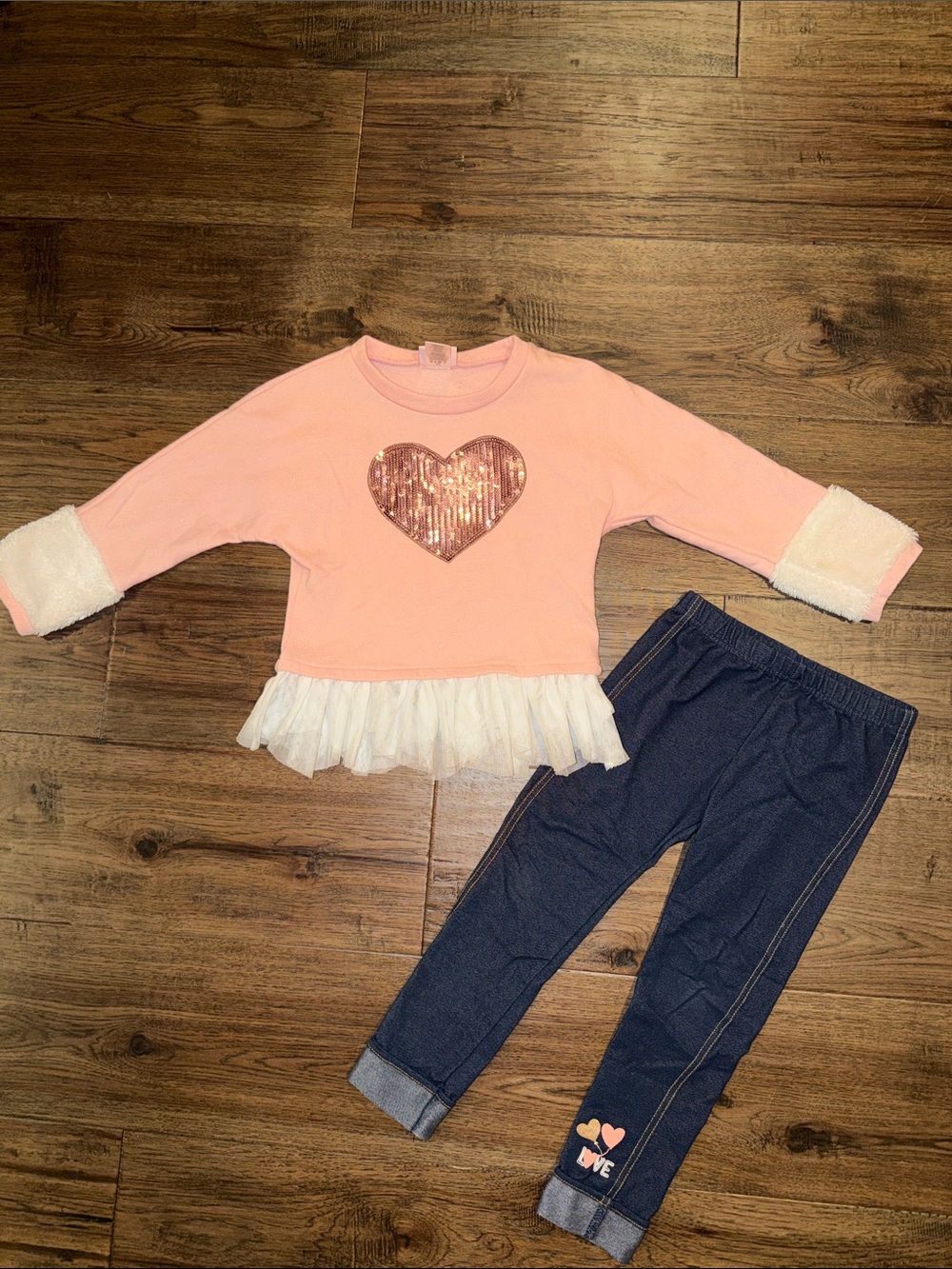 Little Lass Pink Sequin Heart Top with Navy Leggings